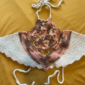 Crochet Cotton Halter Top in Pink and Brown